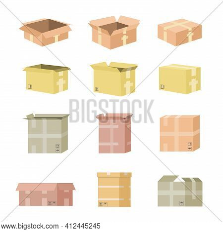 Set Of Cardboard Box Mockups. Isolated On White Background. Vector Carton Packaging Box Images. Eps