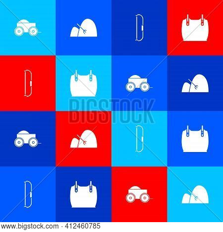 Set Wooden Four-wheel Cart, Bale Of Hay And Rake, Medieval Bow And Body Armor Icon. Vector