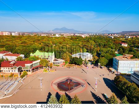 Central Fountain Aerial View At Theatre Or Teatralnaya Square Near Kurortny Park In Yessentuki, A Sp