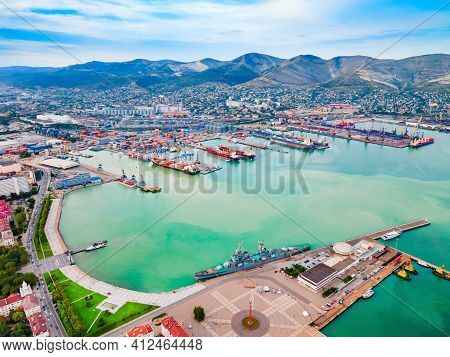 Novorossiysk City Port Aerial Panoramic View. Novorossiysk Is The Main Port On The Black Sea In Kras