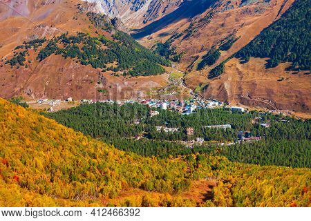Terskol Aerial Panoramic View. Terskol Is A Village Located At The Foot Of Mount Elbrus, The Highest