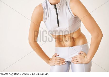 Young Pretty Woman Do Breathing Exercise. Home Sport Workout. Healthy Lifestyle. Long Blond Hair. Fe