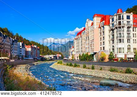 Mzymta River Embankment In Rosa Khutor. Roza Khutor Is An Alpine Ski Resort Located Near Krasnaya Po
