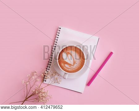 Notebook  Cup Of Coffee Flower On A Colored Background