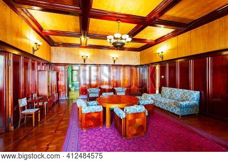 Gagra, Georgia - October 05, 2020: Cold River Dacha Or Kholodnaya Rechka Dacha Interior, Joseph Stal