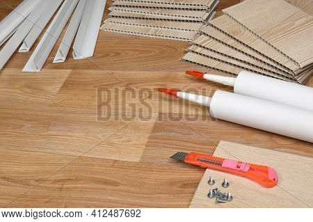 Set Of Items For Pvc Ceiling Indoor Works. Assembly Adhesive Bottles And Pvc Panels With Plastic Cor