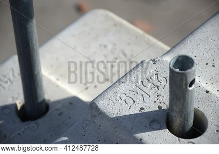 Counter Weight Or Weight Balance Concrete Blocks Or Bricks As Part Of Suspended Wire Rope Platform F