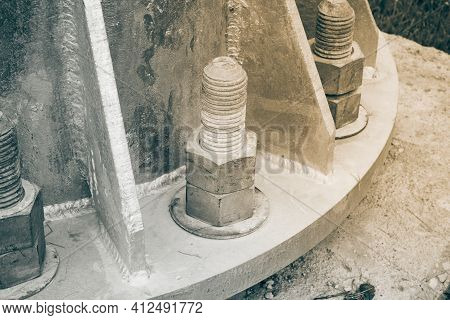 Light Pole Base Nut And Bolt On Concrete Floor. Galvanize Nut And Bolt In Electric Industrial In Vin