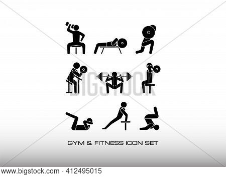 Set Of Workout Or Exercise Bodybuilding In Gym Center. Consist Of Nine Black Illustration About Work