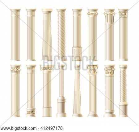 Realistic Antique Pillars Set. Antique Column, Classic Pillar. Ancient Ornate Pillars Historic Roman