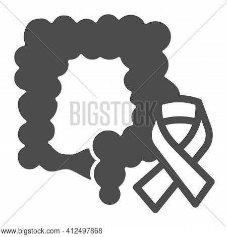 Bowel Organ And Tape Solid Icon, World Cancer Day Concept, Awareness Of Colon Cancer Sign On White B