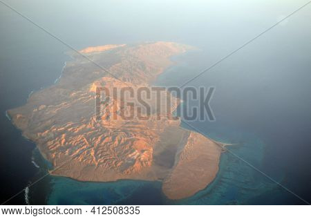 View from the airplane window of the mountains and sea resort of Egypt, Sharm El Sheikh.Flight from Kiev