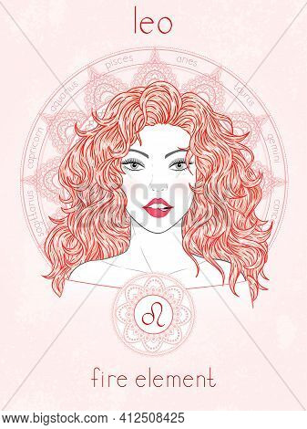 Vector Illustration Of Leo Zodiac Sign, Portrait Beautiful Girl And Horoscope Circle. Fire Element. 