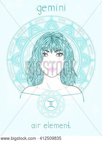 Vector Illustration Of Gemini Zodiac Sign, Portrait Beautiful Girl And Horoscope Circle. Air Element
