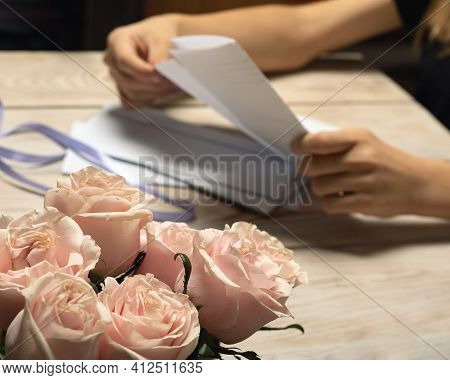 Young Woman Opening Letters From Her Dearest Relatives Or Friends. Get Present For Birthday. Beautif