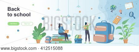 Back To School Landing Page With People Characters. Elementary And High Schools Education Web Banner