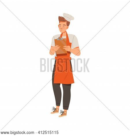Young Man As Super Chef In Toque And Apron Standing With Lipboard Vector Illustration
