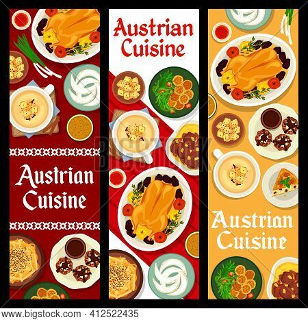 Austrian Cuisine Vector Beer Soup And Wheat Croutons, Potato Cheese Dumplings And Almond Pie. Baked 