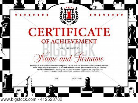 Certificate Of Achievement In Chess Tournament Participation, Award Diploma Vector Template. Child O