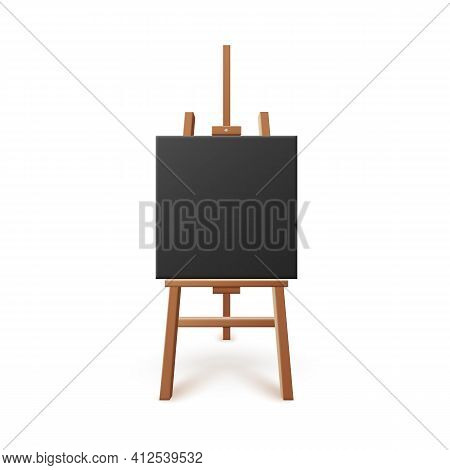 Easel With Black Artboard Or Canvas Realistic Vector Illustration Isolated.