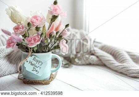 Spring Still Life With Flowers In A Vase And The Inscription Happy Mother's Day On The Postcard.