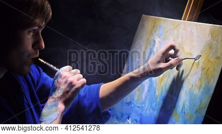 Artist Copyist Paint Seascape With Ship In Ocean. Vaper Smoke Vape E-cigarette. Craftsman Decorator 
