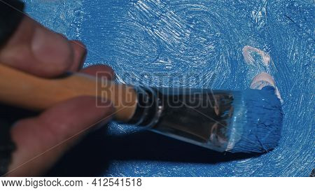Artist Copyist Paint Seascape With Ship In Ocean. Craftsman Decorator Draw As Boat Sail On Blue Sea 