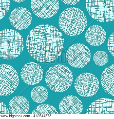 Irregular Weave Yarn Vector Circle Seamless Pattern Background. Backdrop With Small And Large Aqua B