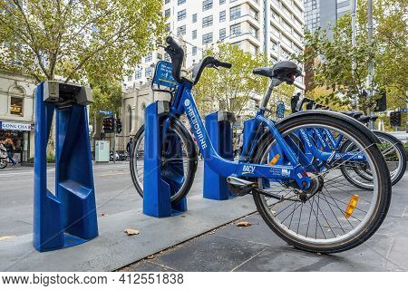 Melbourne, Australia - May 13, 2019: Bicycle Sharing Station Along Swanston Street. Resource Sustain