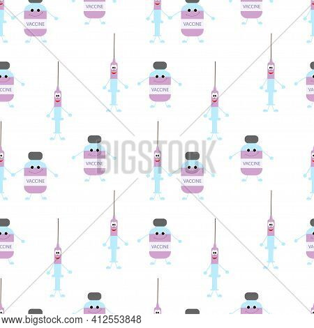Seamless Illustration With Cute Cartoon Vaccine And Syringe. Vaccination. Covid 19. Vector Illustrat
