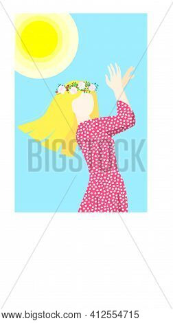 A Woman In A Pink Polka Dot Dress. Flower Wreath And Sun. Stock Vector Illustration.