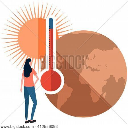 Girl Looking At Thermometer Measuring Temperature Of Air And Water On Planet. Global Warming Poster