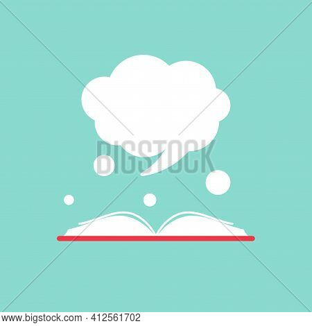 Open Book With Red Book Cover And White Speech Bubble Flying Out. Isolated On Powder Blue Background