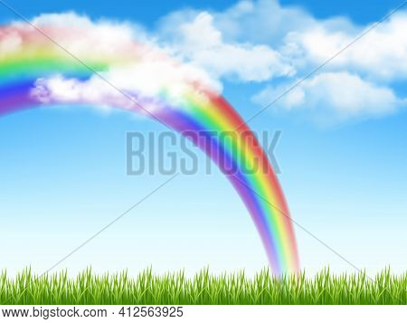 Sunny Background. Green Grass Blue Sky With Clouds And Rainbow Decent Vector Realistic Garden Landsc