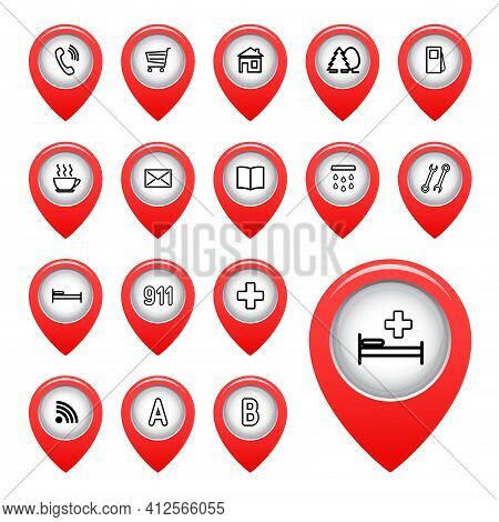 Icons On The Map Arrow. Vector Illustration.