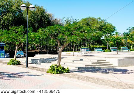 Dubai, United Arab Emirates January 16, 2020: Beautiful Green Lawn Area At Mamzar Park With Blue Sky