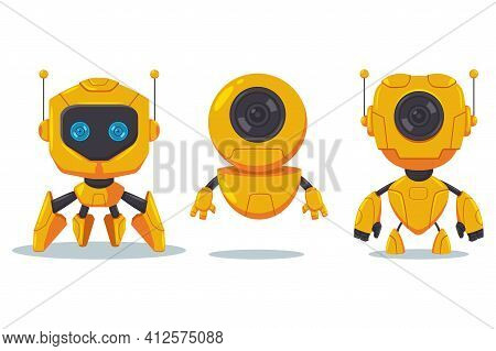 Cute Robot And Cyborg Vector Flat Cartoon Character Set Isolated On White Background.