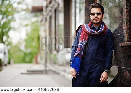 Stylish Pakistani Indian Muslim Arabic Man In Kurta Dhoti Suit And Sunglasses.