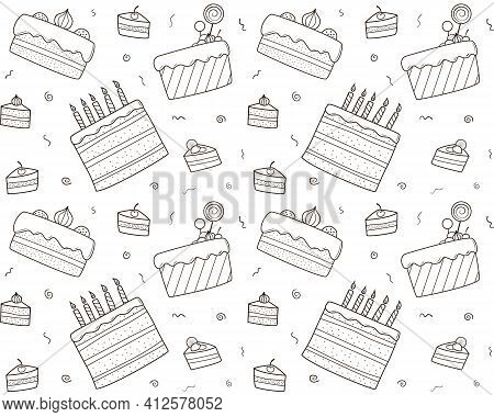 Seamless Repeating Pattern Of Black And White Contoured Doodle Cakes.