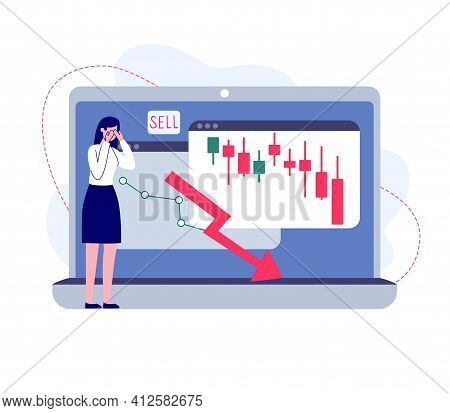 The Girl Is Crying Because Of Financial Losses. Falling Stock Prices And Fixing A Loss, Selling. The
