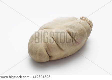 A Liver Sausage In One Piece, In Casing, Isolated On A White Background. Traditional Meat Product Ma