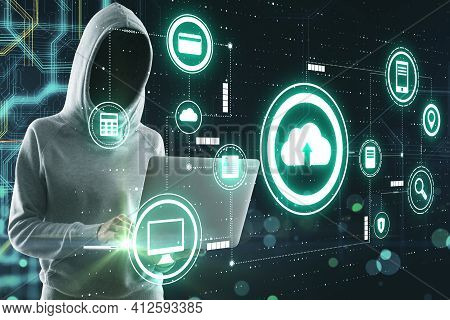 Cloud Technology Protection Concept With Noface Hacker Using Laptop And Digital Board With Cloud Ser