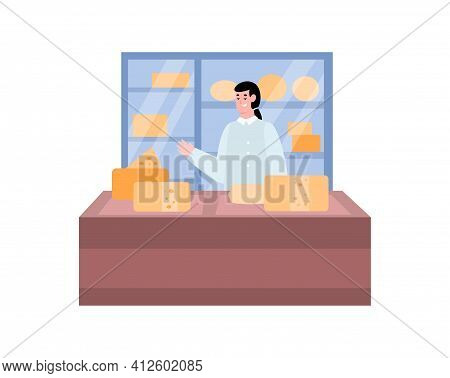 Shop Counter With A Cheese Seller Cartoon Vector Illustration Isolated On White.