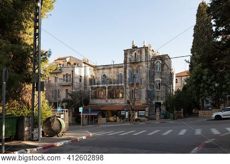 Jerusalem, Israel, February 27, 2021 : Evening View Of The Building Of The Czech Embassy In The Old 
