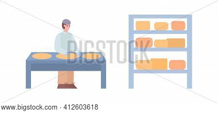 Dairy Factory Employee Forming Cheese, Cartoon Vector Illustration Isolated.