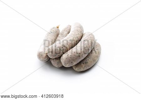 A Few Steamed White Sausages Made From Selected Meat And Natural , Isolated On A White Background. T