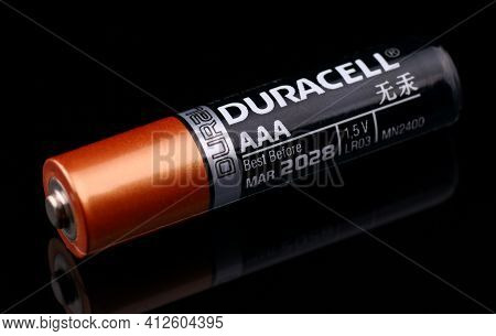 Lviv, Ukraine - March 20, 2020: Aaa Duracell Battery Black Background