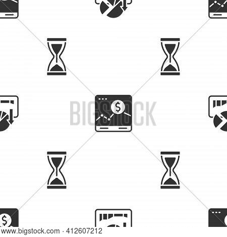 Set Stocks Market Growth Graphs, Website With And Old Hourglass On Seamless Pattern. Vector