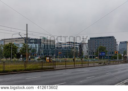 Wroclaw, Poland - May 23 2020: Street View To Strzegomski Square With Corporate Buildings
