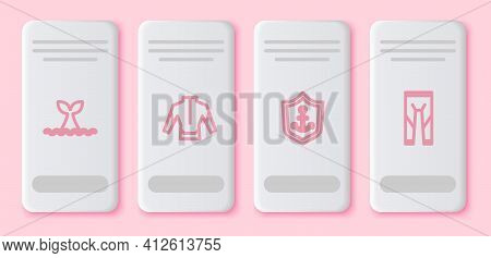 Set Line Whale Tail In Ocean Wave, Wetsuit, Anchor Inside Shield And . White Rectangle Button. Vecto